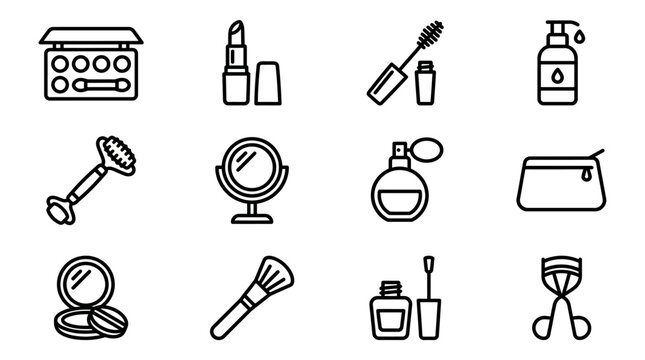 Beauty Makeup Icons Set: Cosmetics, Skincare, Tools - Vector Line Art Collection
