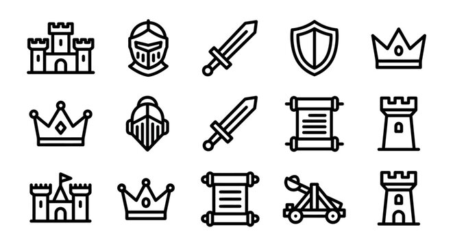 Medieval Icons: Castle, Knight Helmet, Sword, Shield, Crown, Scroll, Tower, Catapult