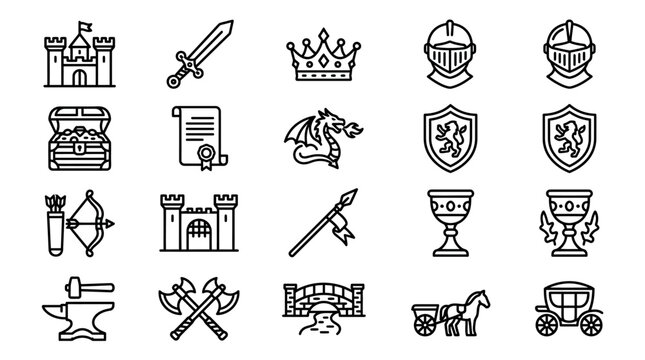Medieval Fantasy Icons: Castle, Sword, Crown, Dragon, Knight Helmet, Chest, Scroll, Shields