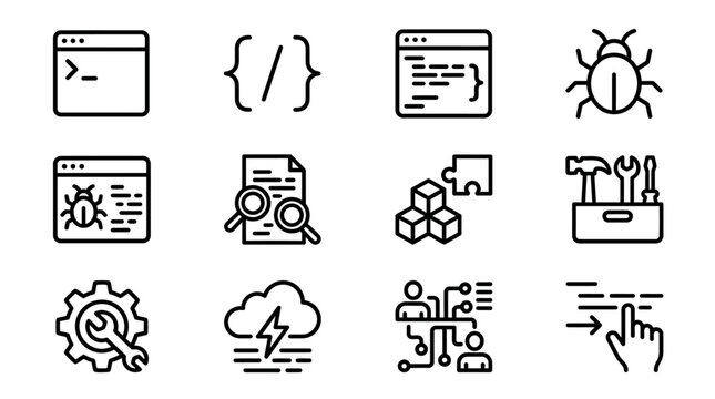 Software Development Icons: Coding, Debugging, Tools, Cloud, Puzzle, Teamwork, Touchscreen