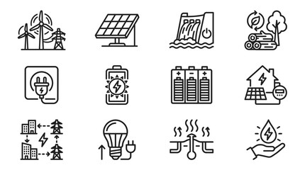 Sustainable Energy Icons: Wind, Solar, Hydro, Biomass, Battery, Geothermal, Smart Grid © mbaknia