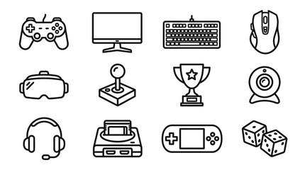 Gaming Icons Set: Controller, VR Headset, Keyboard, Mouse, Monitor, Joystick, Trophy, Webcam, Console © Musani