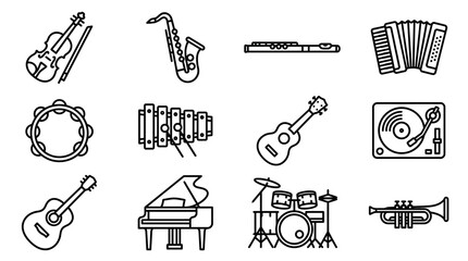 Collection of Musical Instrument Icons: Violin, Saxophone, Flute, Accordion, Guitar, Piano © mbaknia