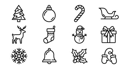 Obraz premium Christmas Icons Set: Tree, Snowman, Reindeer, Gift, Snowflake, Bauble, Sleigh, Stocking, Candy Cane, Bell, Holly, Mittens