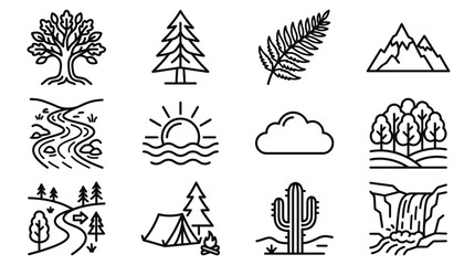 Nature Icons Set: Tree, Forest, Mountains, River, Sun, Cloud, Camping, Waterfall, Cactus © massutris