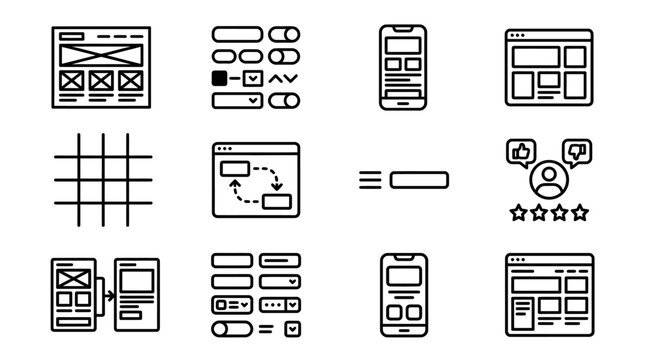 UI UX Design Icons: Wireframe, Mockup, Mobile App, Web Layout, User Feedback