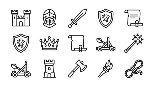 Medieval Icons Set: Castle, Knight Helmet, Sword, Shield, Scroll, Crown, Catapult