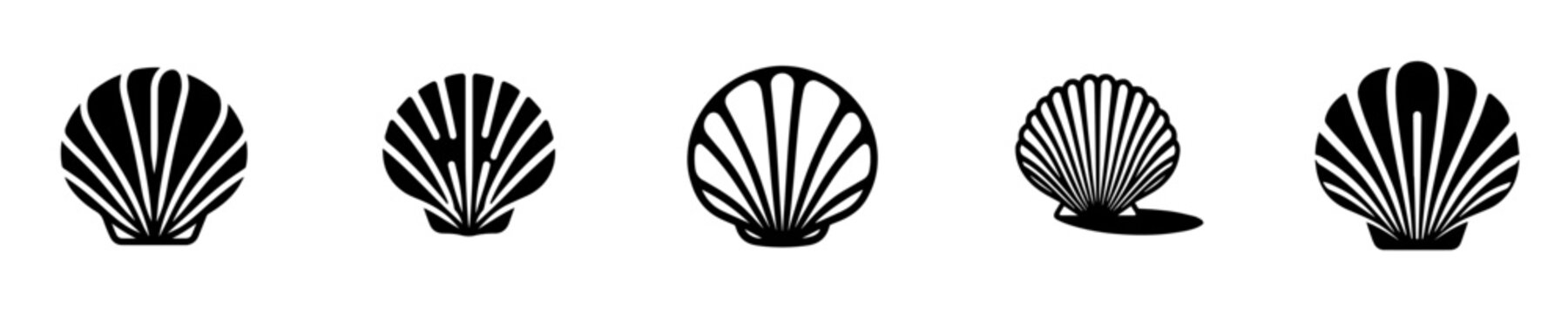 Seashell silhouette vectors set. Black and white scallop and clam shells flat icons for logo, summer, beach, and design.