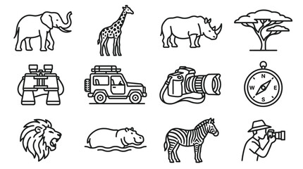 Safari Icons: Animals, Vehicle, Camera, Compass, Binoculars, Tree, Photographer © Musani