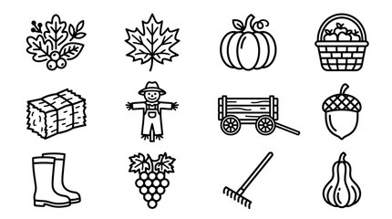 Autumn Harvest Icons Set: Pumpkin, Scarecrow, Grapes, Leaves, Hay Bale, Wagon, Acorn © Palyerff