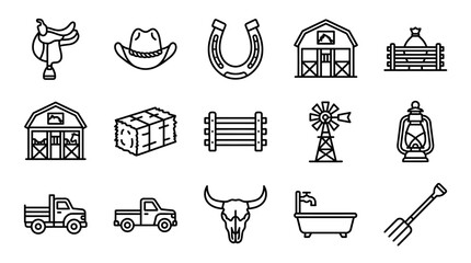 Western Farm Icons: Saddle, Hat, Horseshoe, Barn, Fence, Truck, Windmill, Lantern, Skull © nenekmoyang