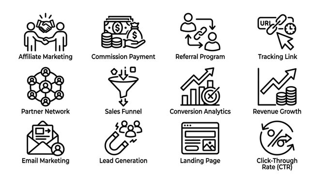 Affiliate Marketing Icons Set: Business Growth, Sales Funnel, Referral, Tracking, Email, Lead Generation