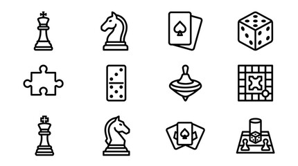 Collection of classic board game icons and symbols, chess, dice, cards, puzzle © Palyerff