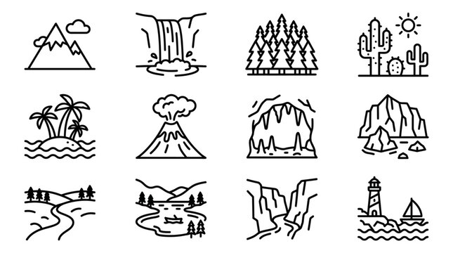 Nature Landscape Icons: Mountains, Waterfall, Forest, Desert, Island, Volcano, Cave, Cliff