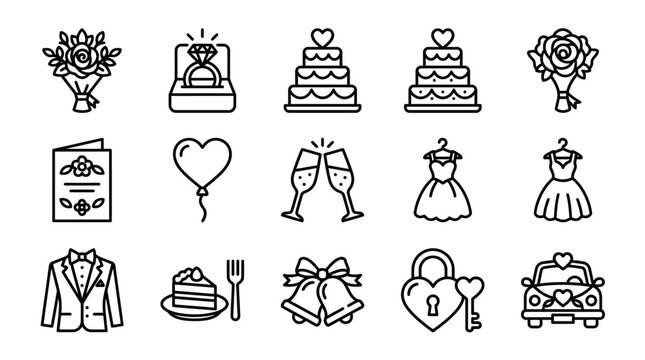 Wedding Icons Set: Bride, Groom, Cake, Rings, Flowers, Dress, Suit, Invitation, Love