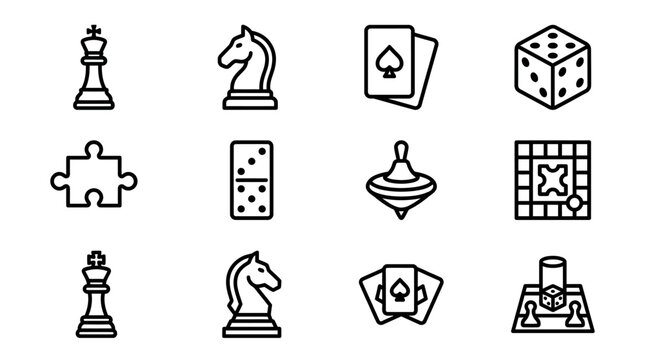 Collection of classic board game icons and symbols, chess, dice, cards, puzzle