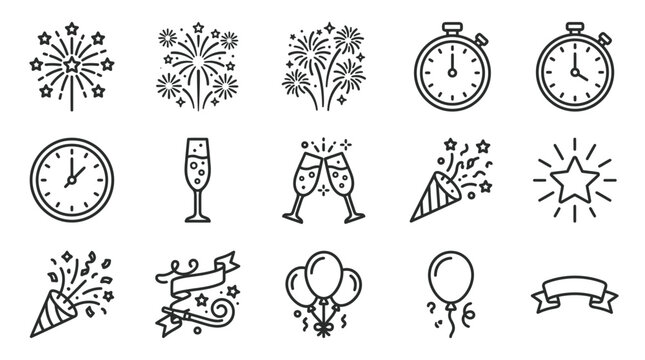 New Year Celebration Icons: Fireworks, Champagne, Clocks, Balloons, Confetti, Ribbons