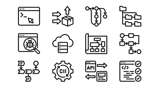 Technology Icons: Code, Cloud, Workflow, Debugging, API, Database, CI/CD, Folder Structure