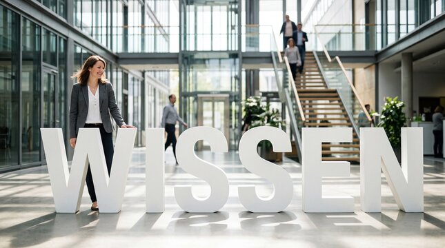 L&auml;chelnde Frau lehnt an riesigem Buchstaben Wissen in modernem B&uuml;rogeb&auml;ude mit Glasfassade
