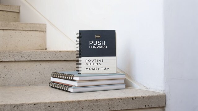 Inspirational Notebook on Stairs Encouraging Productivity and Routine with Minimalist Design for Motivation and Creativity