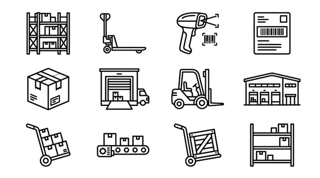 Warehouse Logistics Icons: Shipping, Delivery, Storage, Forklift, Pallet Jack, Scanner