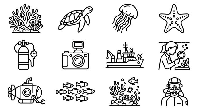 Oceanography and Marine Biology Icons: Sea Life, Research, and Exploration