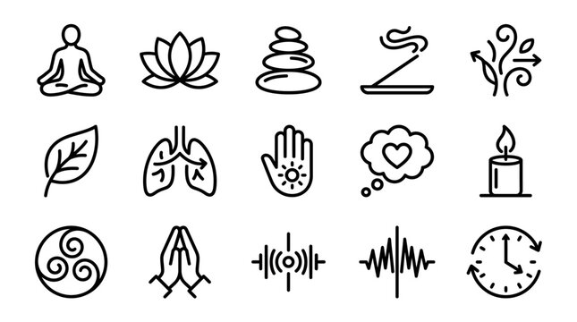 Meditation, Yoga, Wellness Icons: Lotus, Stones, Incense, Lungs, Candle, Clock
