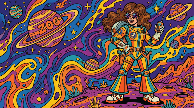 Psychedelic retro cosmic astronaut woman standing on alien planet landscape under starry galaxy sky vector illustration