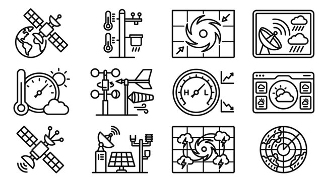 Weather Forecast Icons: Satellite, Thermometer, Anemometer, Barometer, Radar, Hurricane