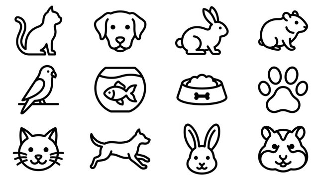Cute Pet Icons Set: Cat, Dog, Rabbit, Hamster, Fish, Parrot, Paw Print, Food Bowl