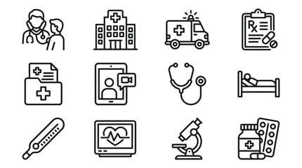 Medical Icons Set: Doctor, Hospital, Ambulance, Rx, Telemedicine, Stethoscope, Bed, Thermometer © rebok
