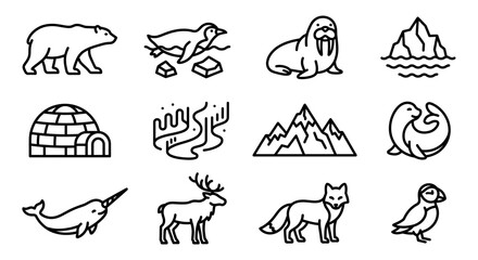 Arctic Animals and Icons Set: Polar Bear, Penguin, Walrus, Igloo, Aurora, Mountains, Narwhal © Sujarwo