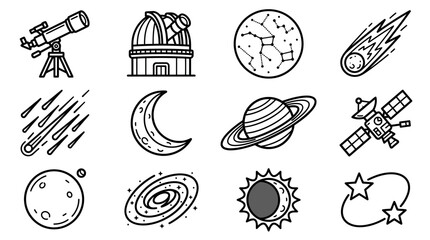 Cosmic Icons Set: Telescope, Observatory, Planets, Stars, Moon, Galaxy, Comet, Satellite © Sujarwo