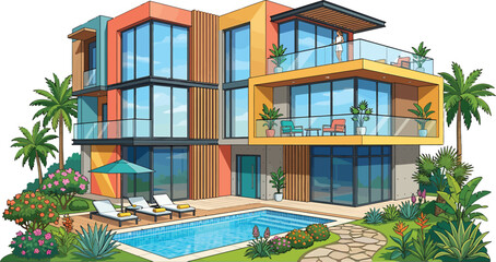 Fototapeta premium Modern luxury villa with swimming pool and tropical garden exterior view isolated on white background vector illustration