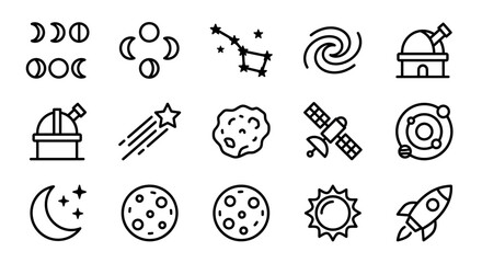 Space Icons: Moon Phases, Galaxy, Constellation, Telescope, Rocket, Sun, Satellite © rebok