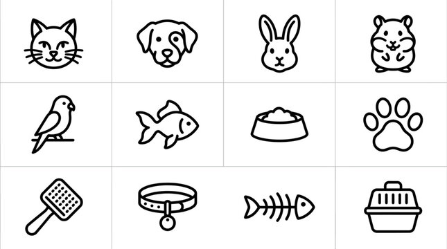 Cute Pet Icons: Cat, Dog, Rabbit, Hamster, Bird, Fish, Paw Print, Food Bowl