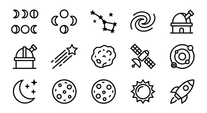 Space Icons: Moon Phases, Galaxy, Constellation, Telescope, Rocket, Sun, Satellite