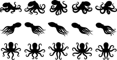 Black octopus silhouette vector set, cephalopod icons, marine animal graphics, aquatic sea life collection, octopus tentacles isolated on white background.  © Ahsan