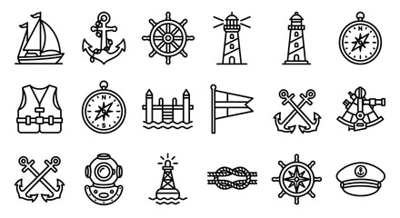 Nautical Icons Set: Sailing, Anchors, Compasses, Lighthouses, Ships Wheel, Diving Helmet © rebok