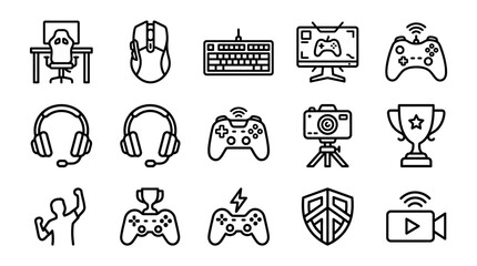 Gamer Icons Set: Computer, Keyboard, Mouse, Headset, Controller, Camera, Trophy, Streamer © Sujarwo
