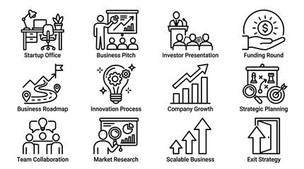 Obraz premium Business Strategy Icons: Startup, Funding, Growth, Planning, Teamwork, Innovation