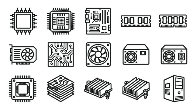 Computer Hardware Icons: CPU, GPU, RAM, Motherboard, Fan, PSU, Case