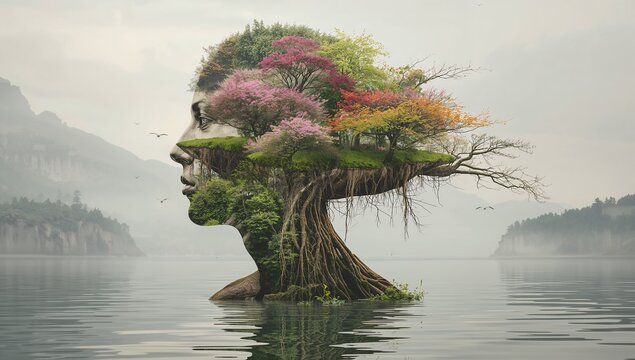 Surreal double exposure of a human face merging with a natural landscape of trees, water and mountains, tree roots flowing like hair beneath a lake, connection between mind, nature and inner self conc