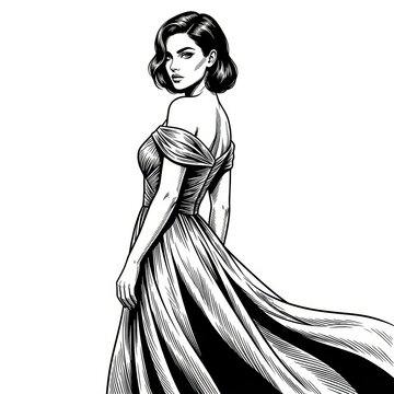 Black and White Scratchboard Illustration of Elegant Woman in Flowing Dress &ndash; Vintage Fashion Engraving Portrait