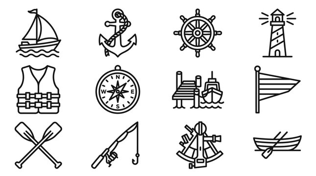 Nautical Icons Collection: Sailboat, Anchor, Wheel, Lighthouse, Life Vest, Compass, Dock, Flag, Oars, Fishing Rod, Sextant, Boat