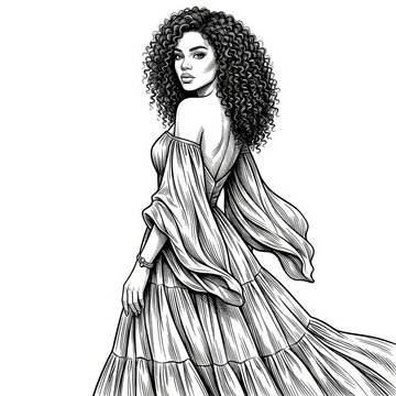 Black and White Scratchboard Illustration of Elegant Woman in Flowing Dress &ndash; Vintage Fashion Engraving Portrait