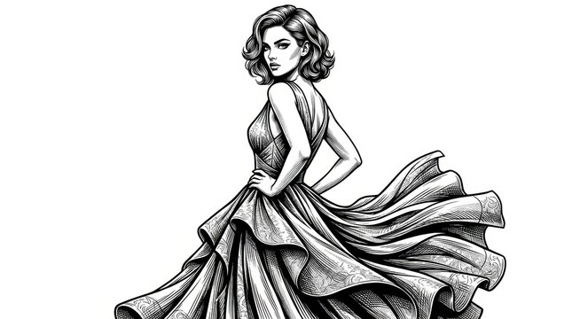 Black and White Scratchboard Illustration of Elegant Woman in Flowing Dress &ndash; Vintage Fashion Engraving Portrait