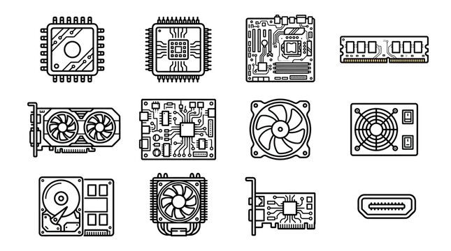 Computer Hardware Icons: CPU, GPU, RAM, Motherboard, PSU, Hard Drive, Fan, Chipset