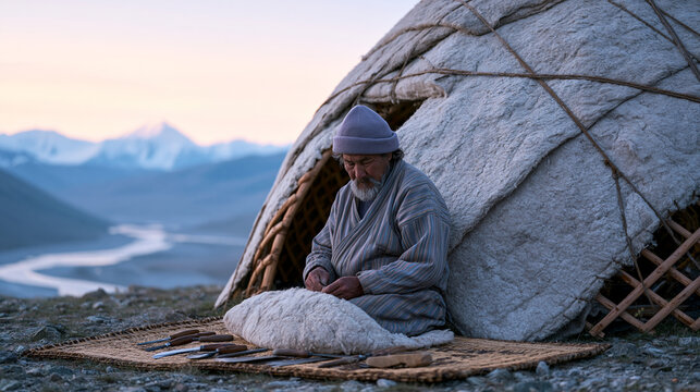 Kazakh nomadic herder repairing a traditional felt dwelling wall panel in early morning outside a mountain camp, wooden lattice frame visible, tools laid across a woven mat, a