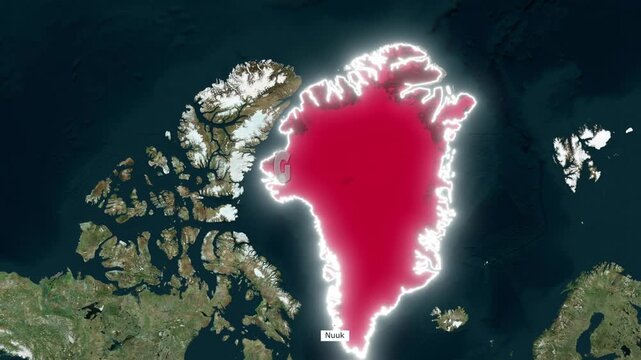 Animated Satellite Map of Greenland Highlighted in Red with Nuuk Capital and Surrounding Seas